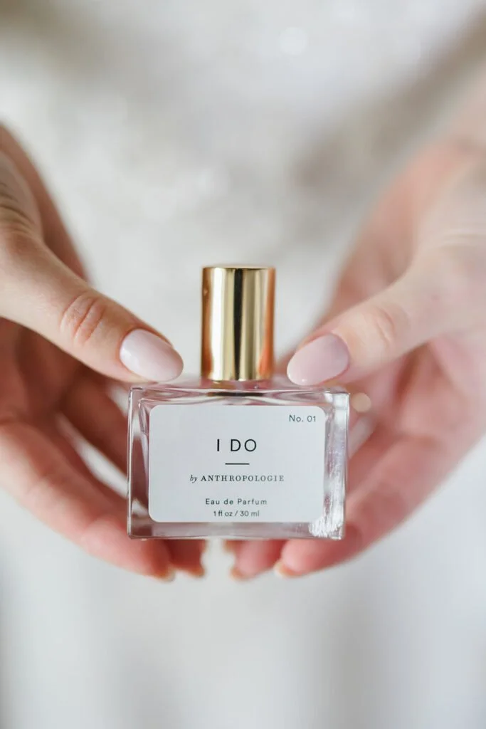 Elegant wedding perfume bottle representing custom fragrance favors created at a mobile perfume bar experience. "I Do" wedding Perfume .