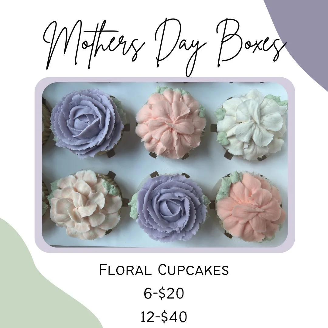 Mother's day treat boxes are here! A sweet way to spoil the Moms💐💗

Here's what I'm offering this year!

🌸Floral Cupcakes:
~Box of 6-$20
~Box of 12-$40 
Available in Vanilla or Chocolate

🍪Assorted Treat Boxes:
~Small Box (5 pieces)- $20 
~Large 