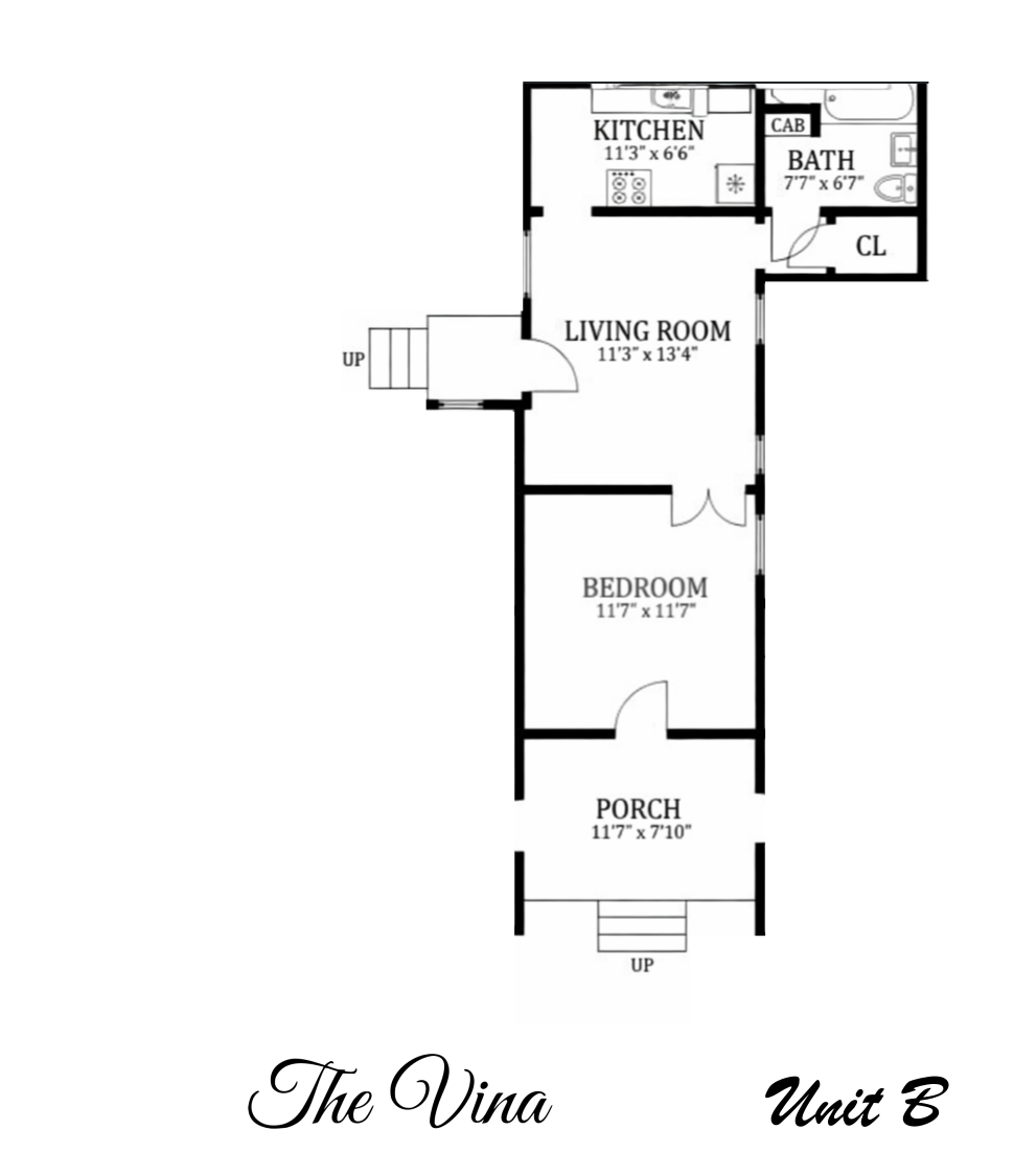 Floor plan of a one-bedroom apartment named The Vina, Unit B. It features a porch at the front, leading to a bedroom, and a living room that connects to a kitchen and bathroom area at the back.