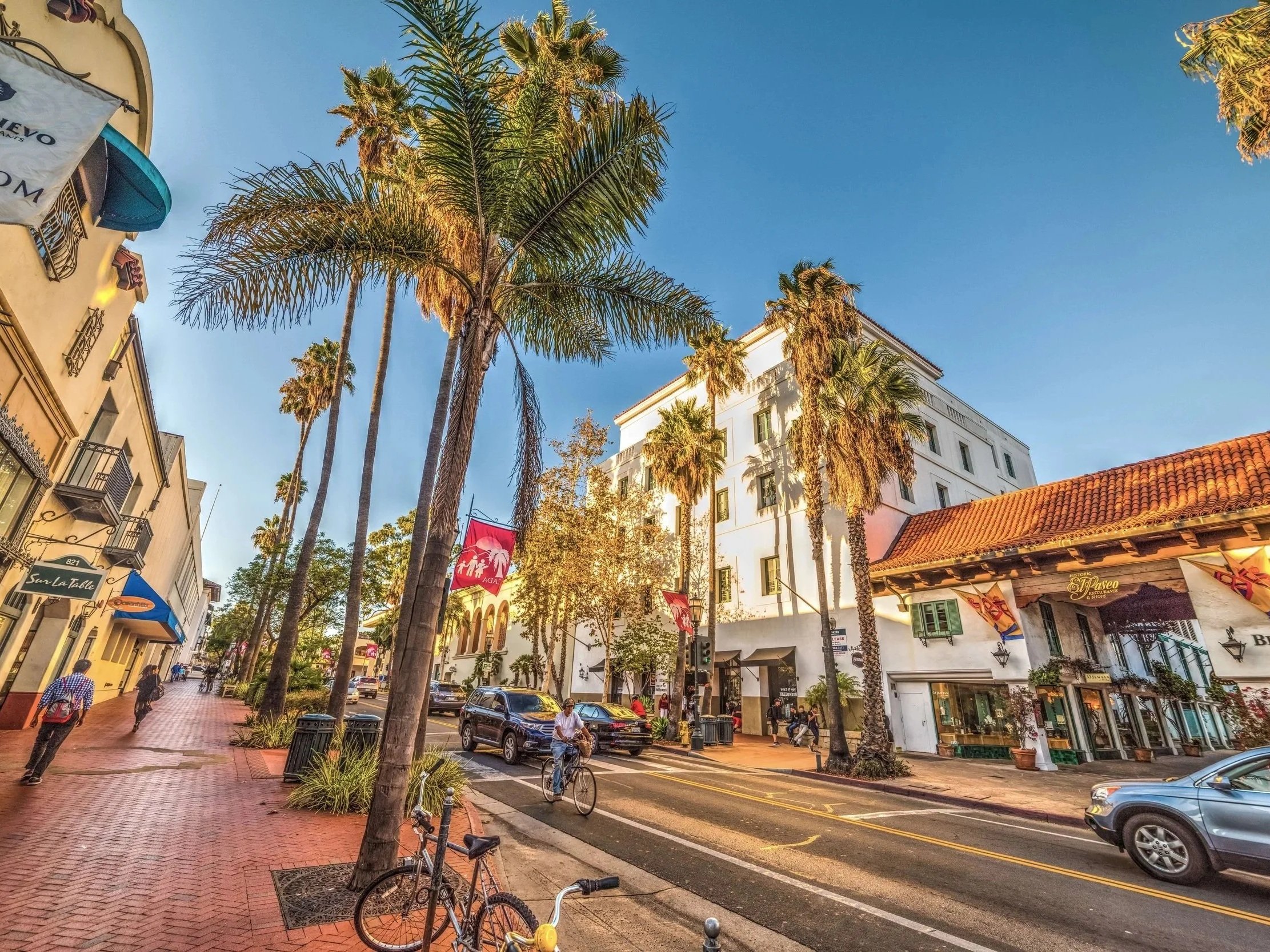 A lively street scene with tall palm trees lining a busy sidewalk, cars parked along the street, and people walking and biking on a sunny day with clear blue skies.