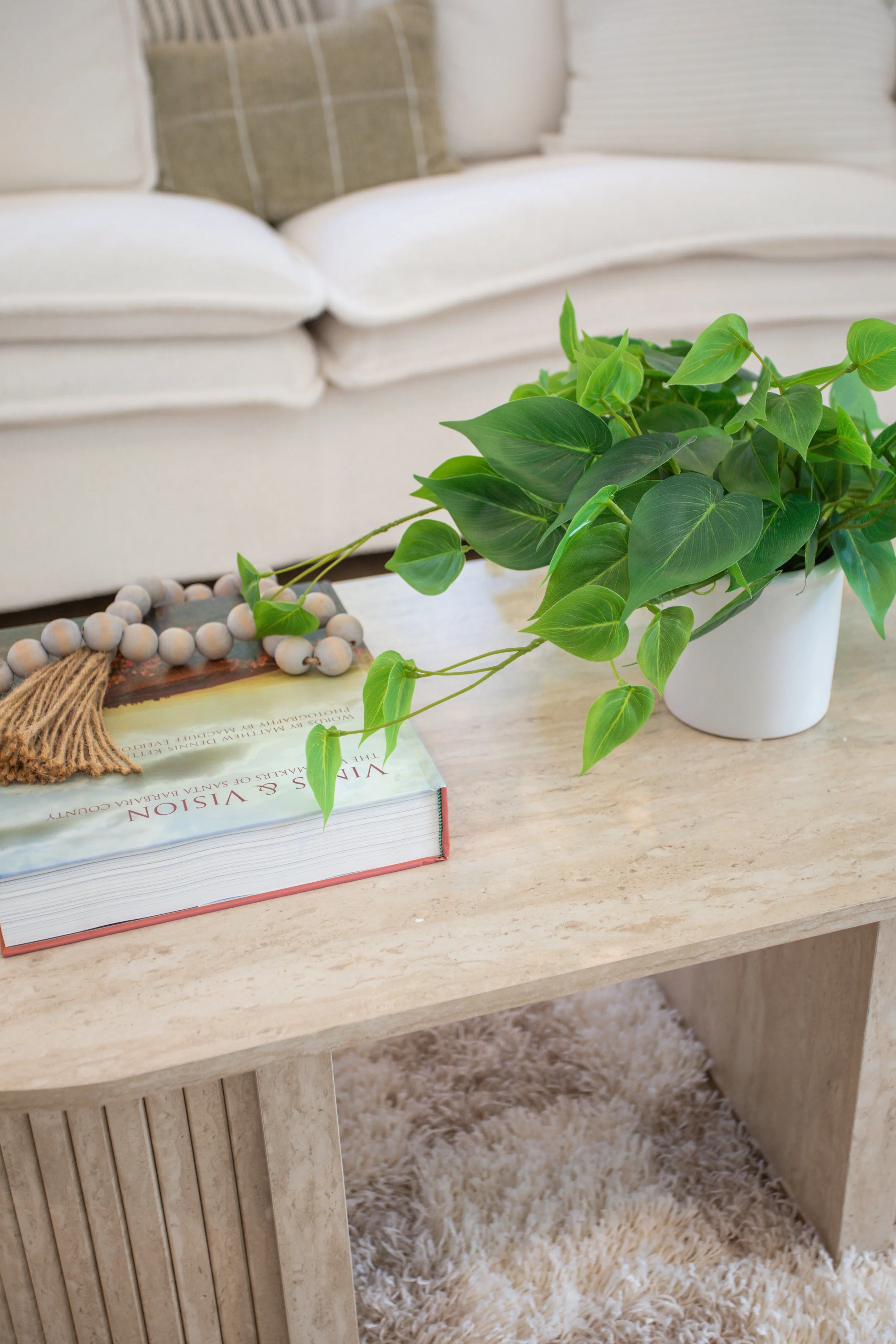 A potted green houseplant on a beige wooden coffee table, with a large hardcover book underneath, in front of a cream-colored sofa with cushions.