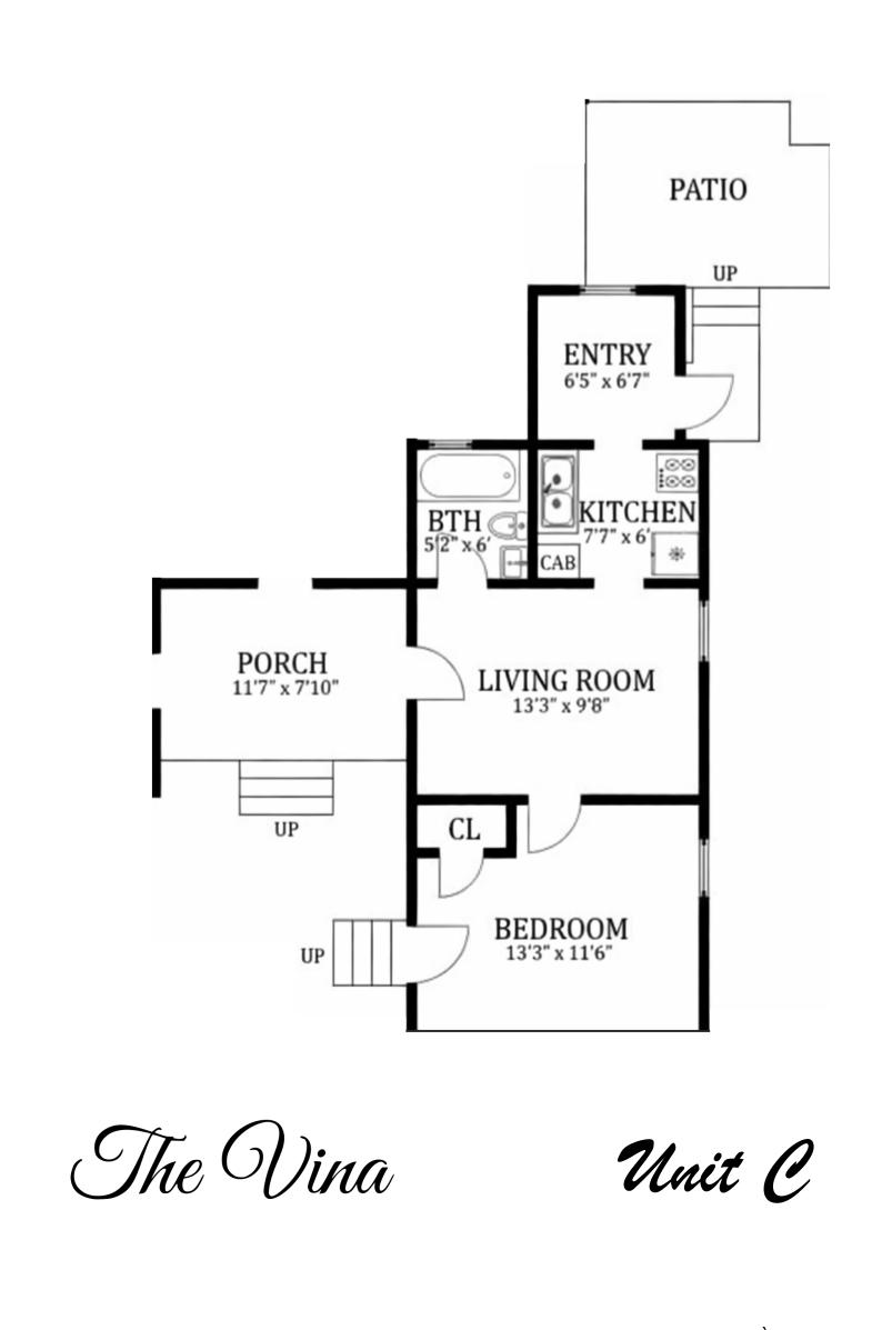 Floor plan of an apartment called The Vina, Unit C, showing a porch, living room, bedroom, kitchen, bathroom, entry, and patio.