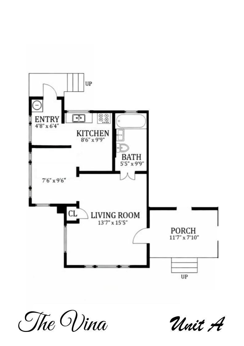 Floor plan of an apartment labeled 'The Vina, Unit A,' showing an entryway, kitchen, bathroom, living room, porch, and stairs.