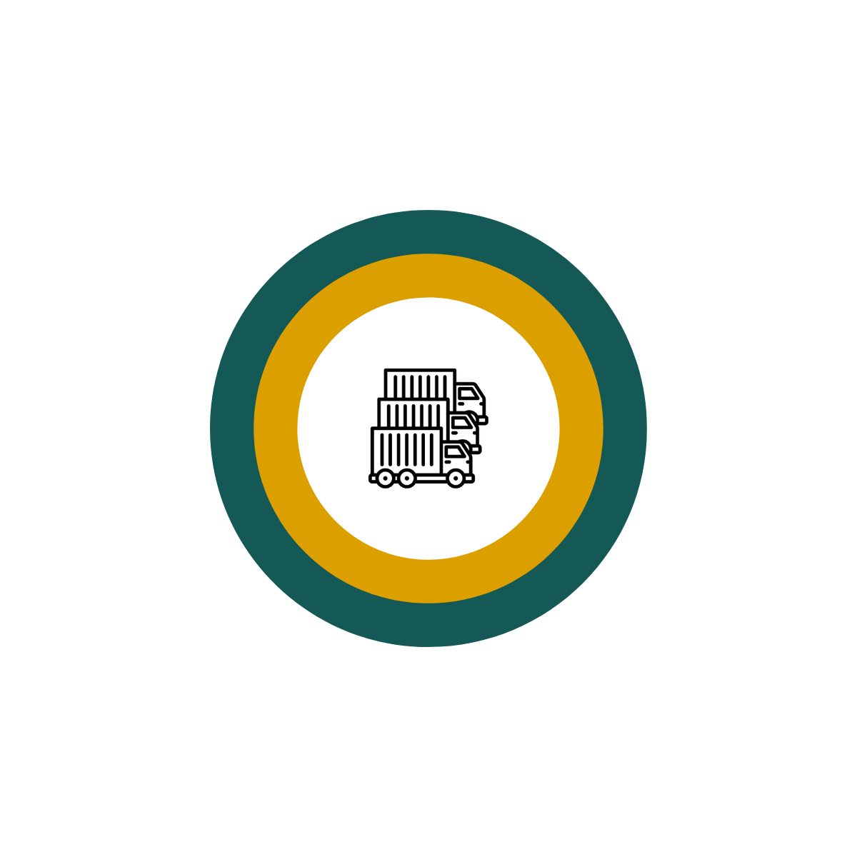 Icon of three trucks with cargo containers in a circle with green and gold rings around it.