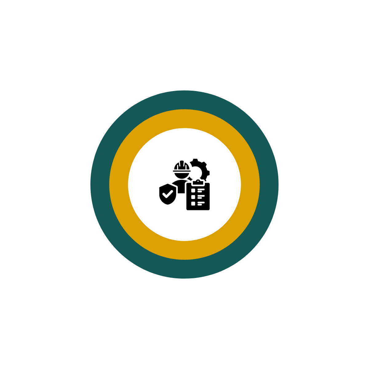 Icon representing worker safety, quality assurance and professional project management, shown with a helmet, shield, gear and checklist symbols.