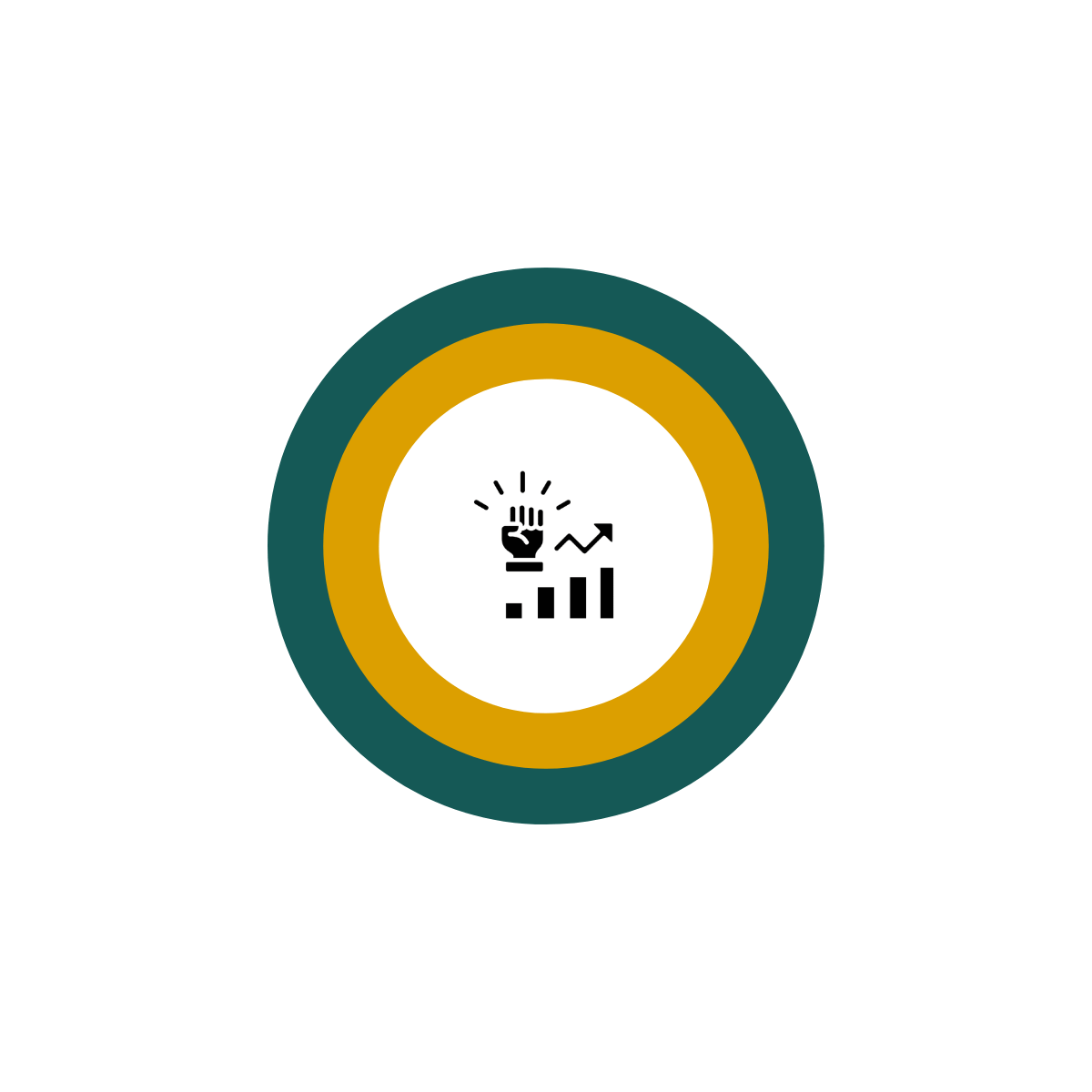 Icon with a fist raising, upward trending arrow, and bar graph inside a circular badge with a green border and gold ring.