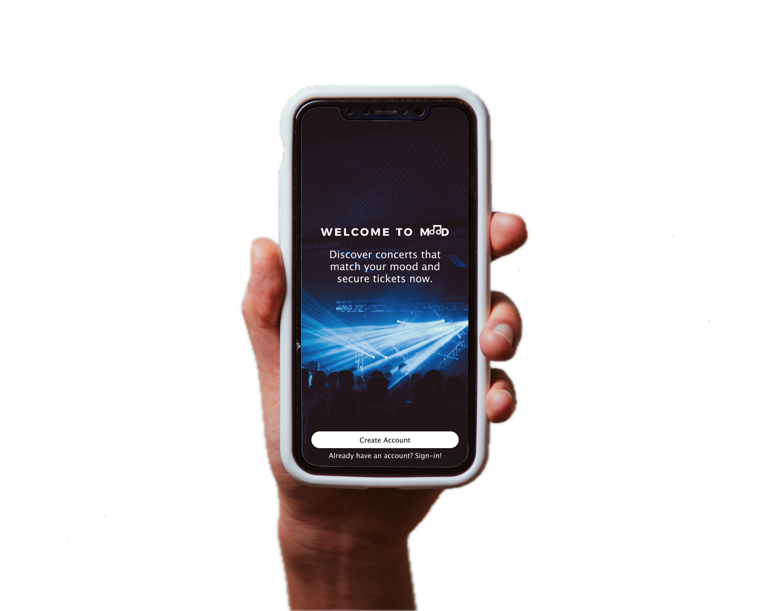 A person holding a smartphone with a screen displaying a music concert application. The app's message reads 'Welcome to Mood,' and features options to discover concerts matching your mood and buy tickets. There are buttons to create an account or sign in.
