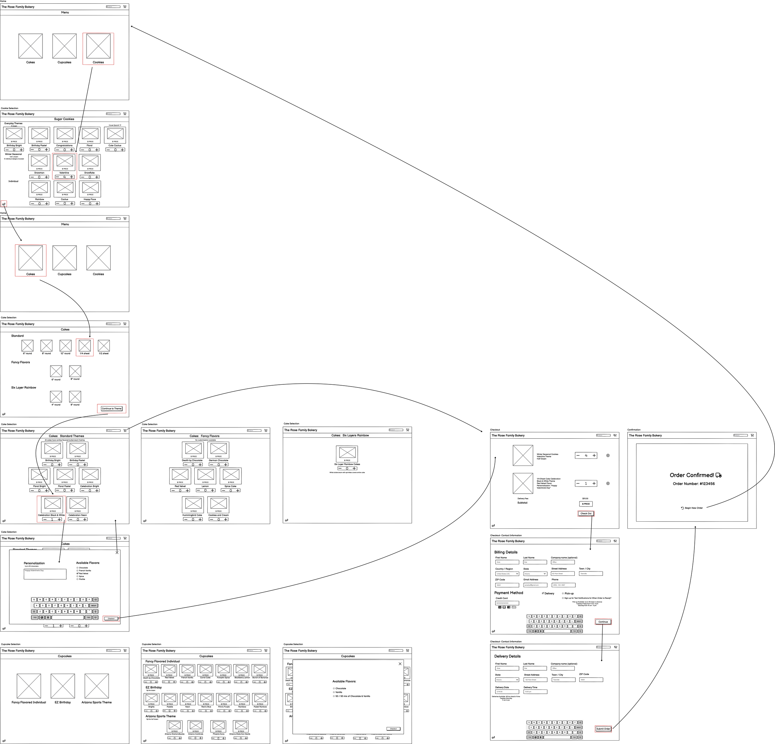 Series of wireframe screens for an online bakery ordering website, showing product selection, customization options, order review, and confirmation.