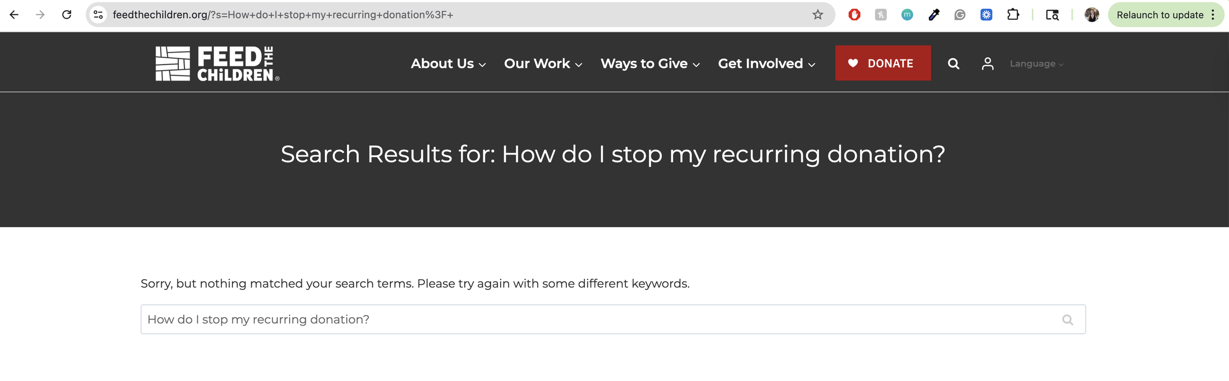 Search page showing no results for the query ‘How do I stop my recurring donation?’ on Feed the Children website.