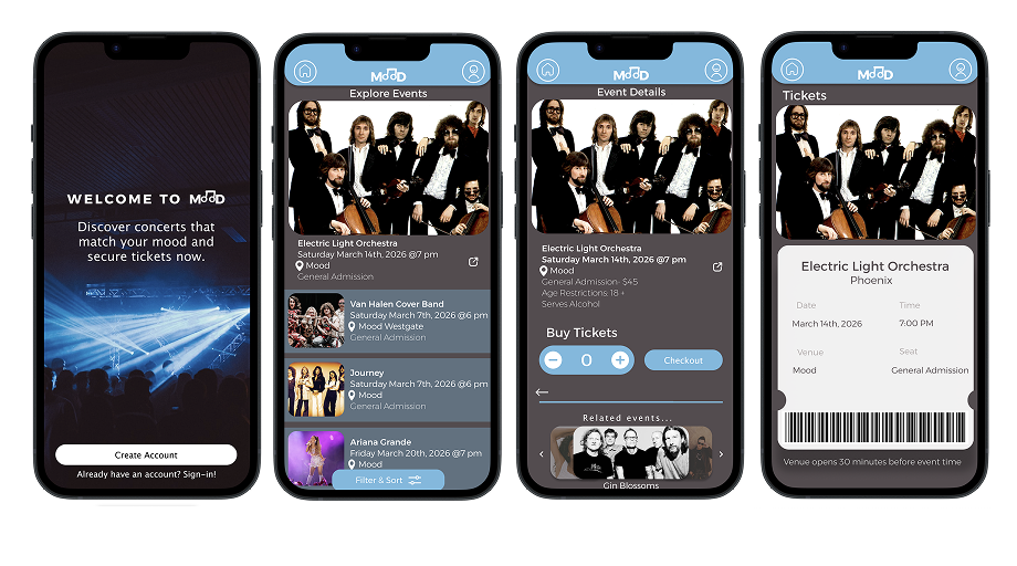 A series of four smartphone screens showing a concert ticket booking app. The first screen welcomes users to the app with a blue-toned concert image and options to create an account or sign in. The second screen shows event listings including Electric Light Orchestra, Van Halen Cover Band, Journey, and Ariana Grande with dates, times, and venues. The third screen displays details for the Electric Light Orchestra concert, allowing users to select ticket quantity and proceed to checkout. The fourth screen shows the ticket details for the Electric Light Orchestra concert in Phoenix, with date, time, venue, and a barcode for entry.