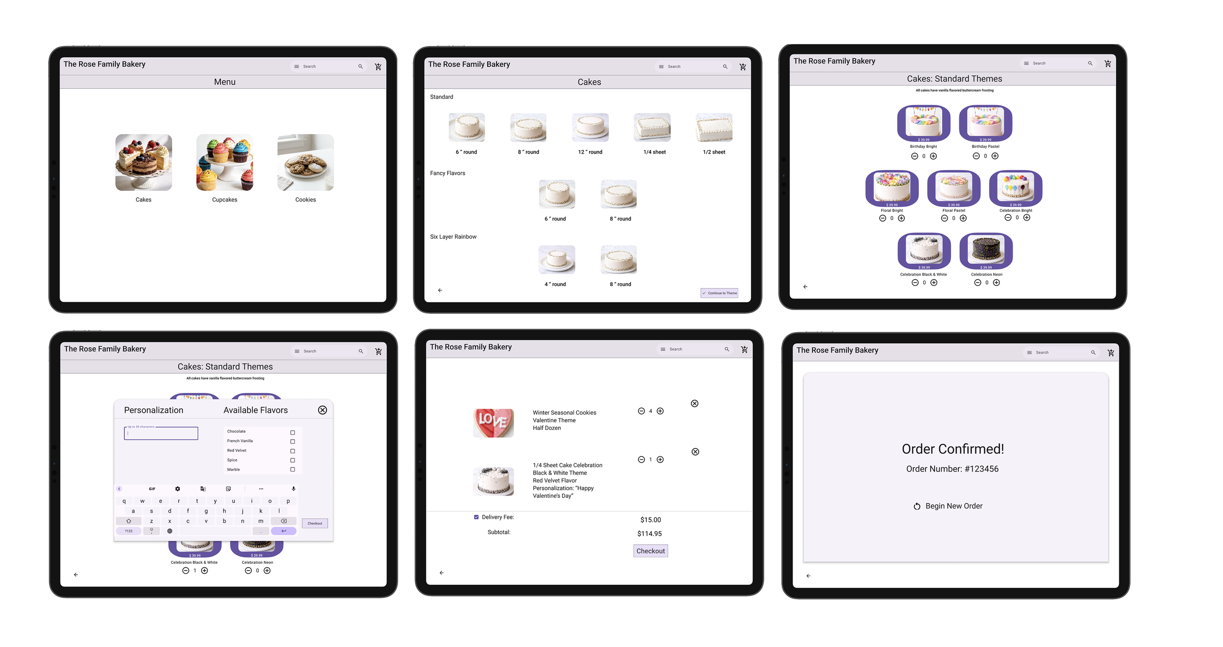 Screenshots of an online bakery shop interface showing categories of cakes, cupcakes, and cookies, with various cake standards and themes, customization options, a selected Valentine-themed cookie, and an order confirmation page.