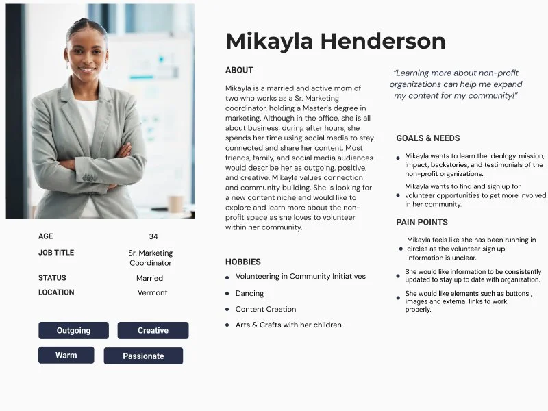 A professional profile or resume page for Mikayla Henderson. It features a photo of her smiling with crossed arms, along with sections detailing her personal information, goals, hobbies, and qualities. The page highlights her as a married Sr. Marketing Coordinator from Vermont, aged 34, interested in community volunteering, dancing, arts and crafts, and content creation.
