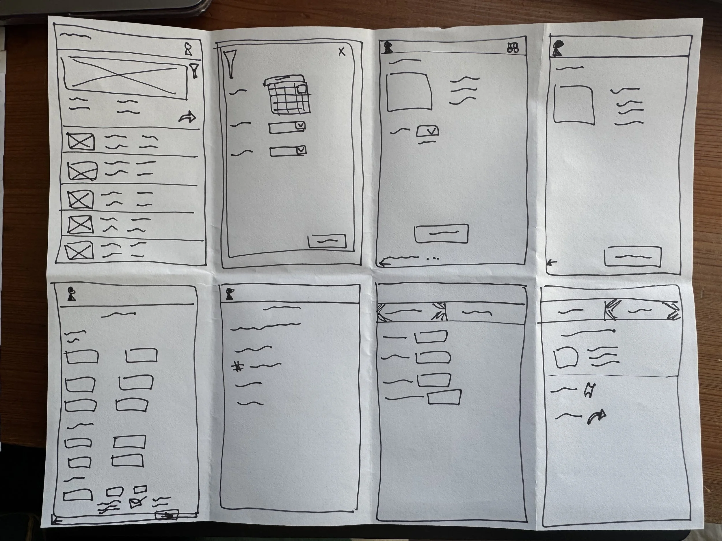 Hand-drawn sketch of a photo editing or social media app interface with multiple screens, including feed, calendar, messages, profile, and settings pages.