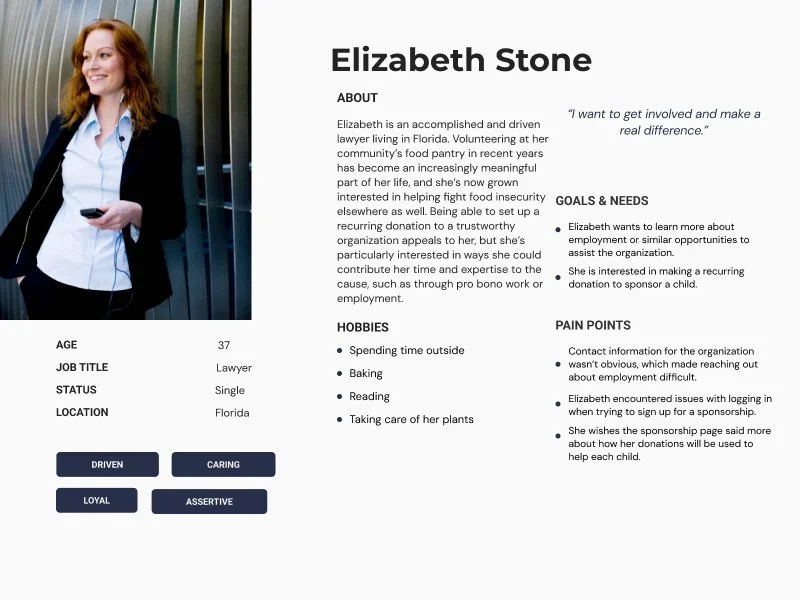 Profile of Elizabeth Stone, a 37-year-old lawyer from Florida, with her hobbies, goals, and personality traits listed on the side.