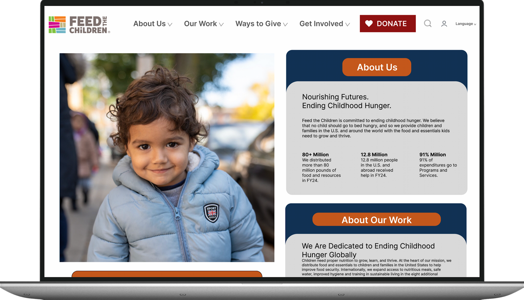 Website homepage for Feed the Children with navigation options and information about the organization's mission to end childhood hunger.