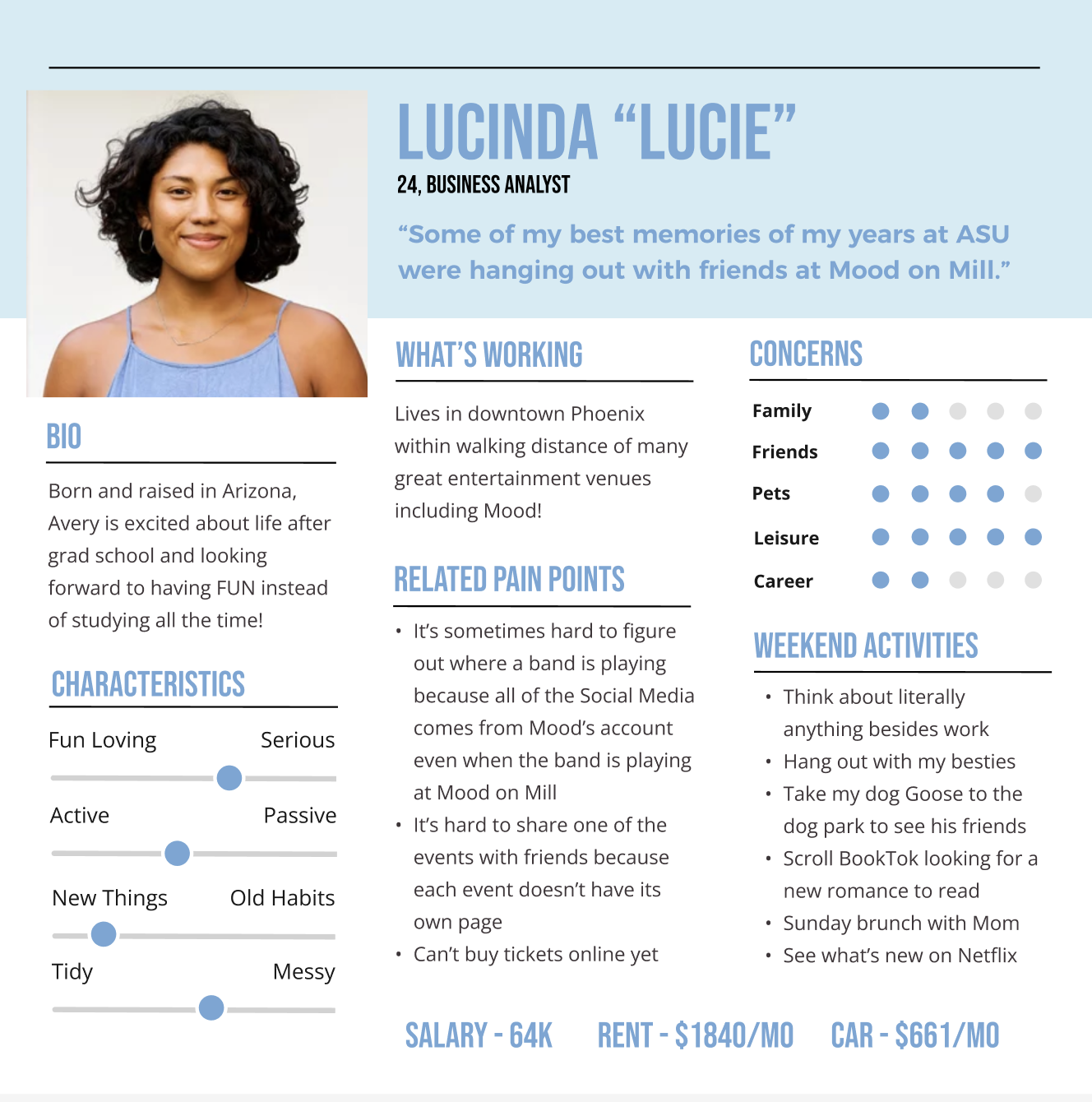 Profile page of Lucinda 'Lucie', a 24-year-old business analyst from Arizona. Features her photo, biography, characteristics, work details, concerns, related pain points, weekend activities, and salary and rent information.