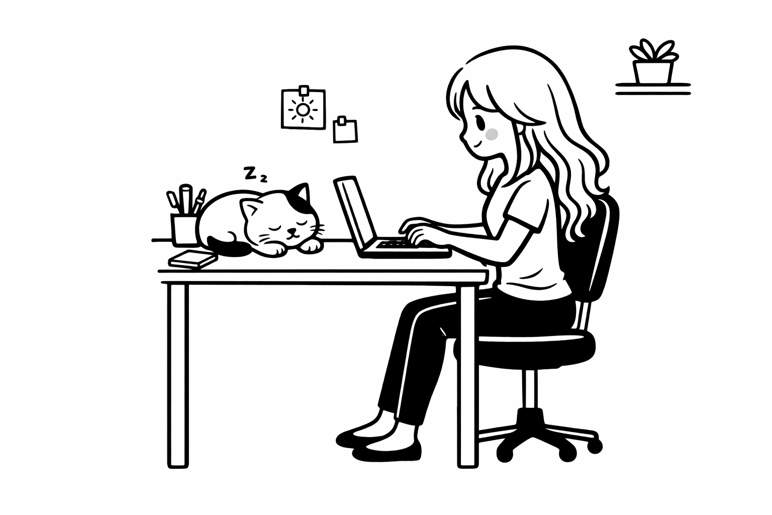 A girl with long wavy hair sitting at a desk, working on a laptop. A sleeping cat is on the desk beside her, with a pencil holder, a notebook, and some pictures on the wall.
