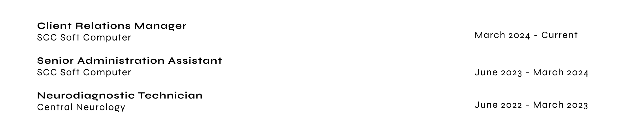 A resume showing three job titles, company names, and time periods.