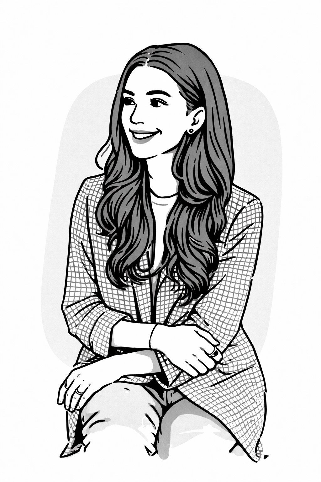 Line art drawing of a woman sitting with her arms crossed, smiling, with long wavy hair, wearing a checkered blazer.