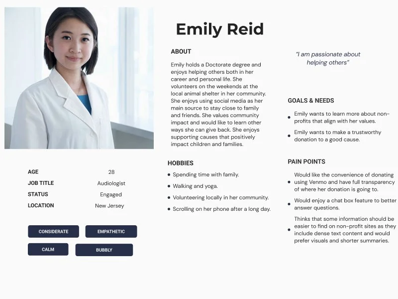 Profile of Emily Reid, an audiologist, with a photo of a woman in a white coat on the left and her personal details and goals on the right.