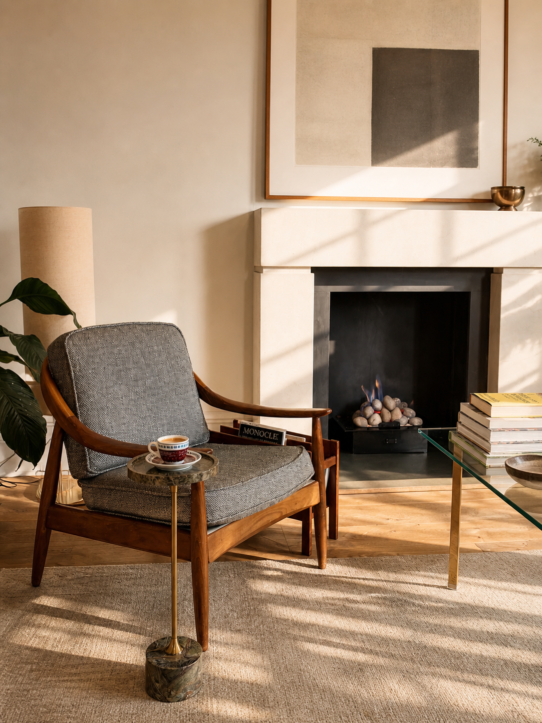 A cozy living room corner with a gray upholstered armchair with wooden arms, a small coffee table with a coffee cup, a fireplace with stones and a small fire, a large abstract artwork above the fireplace, books on the side table, a potted plant, a fl