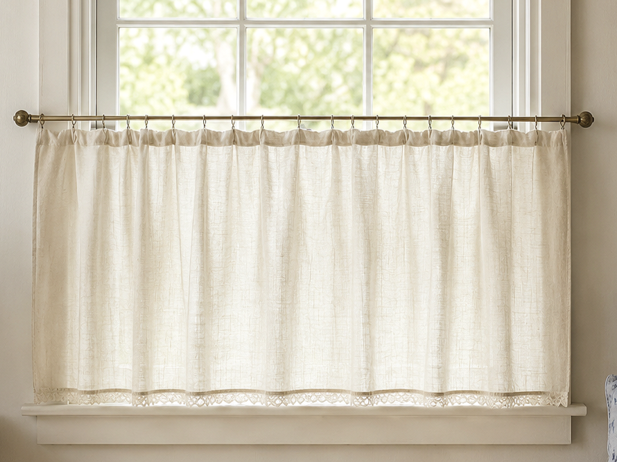 Beige curtain hanging on a metal rod in front of a window with green trees visible outside.