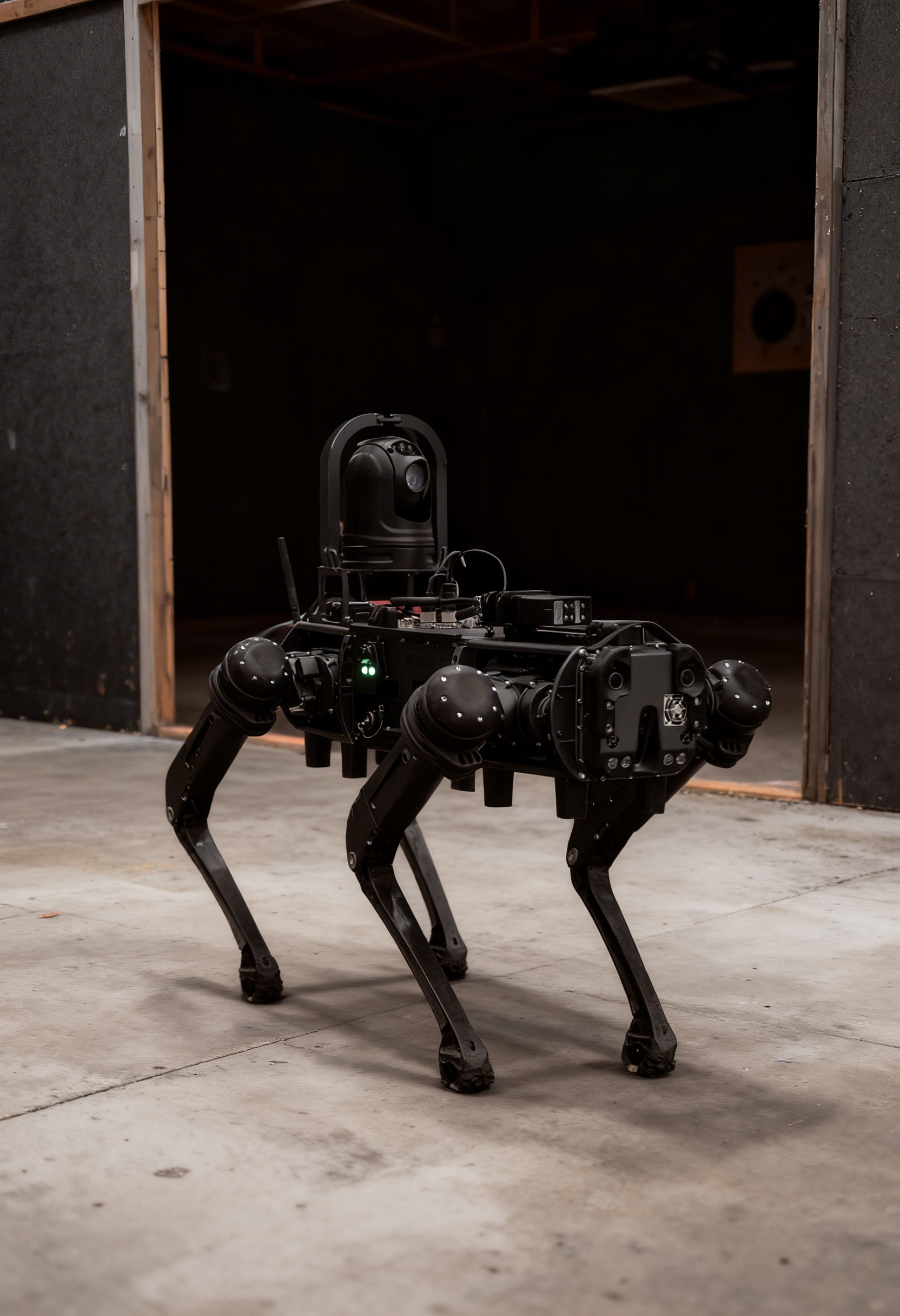 A robotic dog with four legs, camera sensors, and electronic components stands on a concrete floor in a dimly lit room.