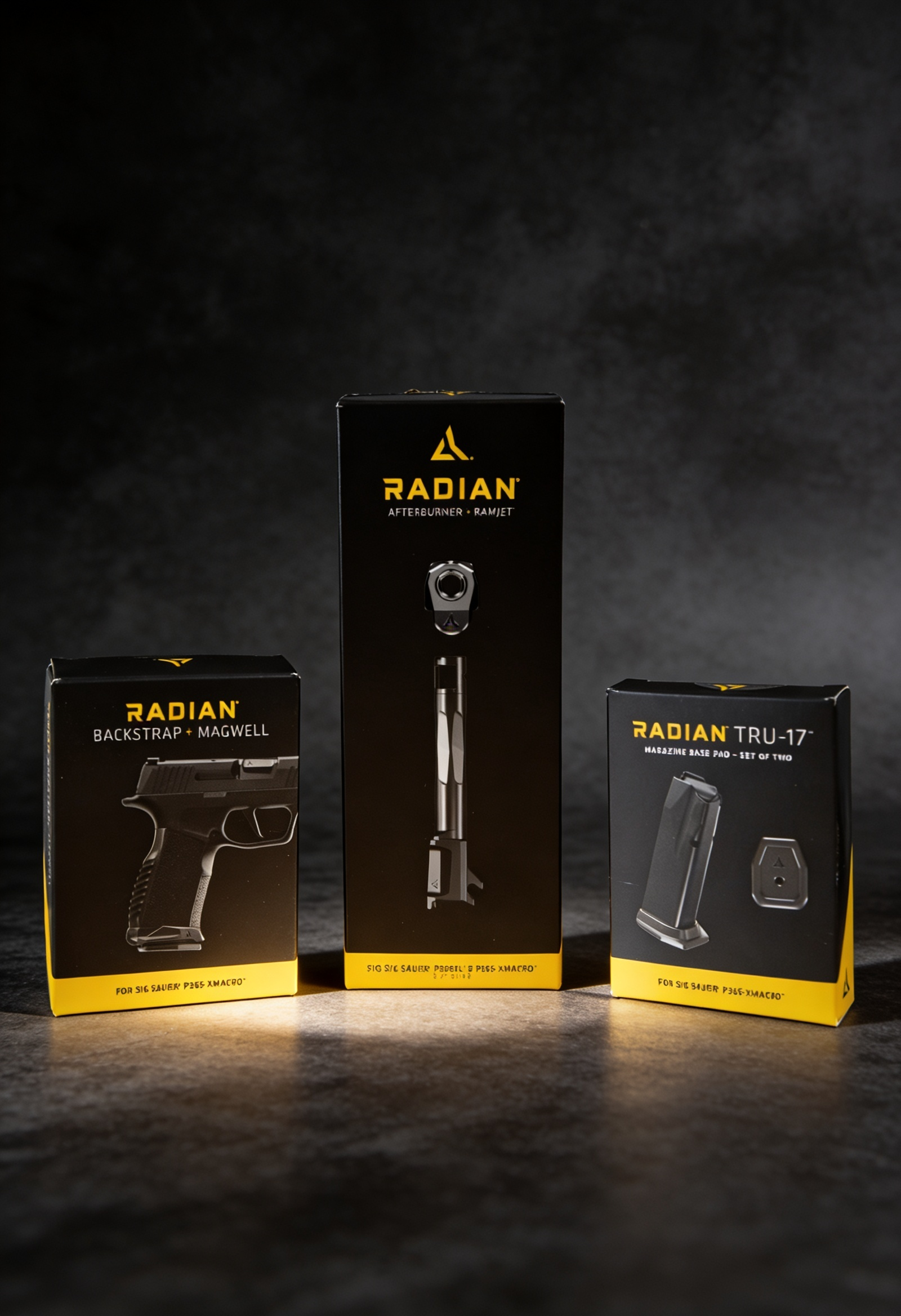 Boxes of Radian firearm accessories, including a backstrap and magwell, a SIG Sauer P365-XMACRO, and a Radian TRU-17 magazine base pad, displayed on a dark surface with a black background.