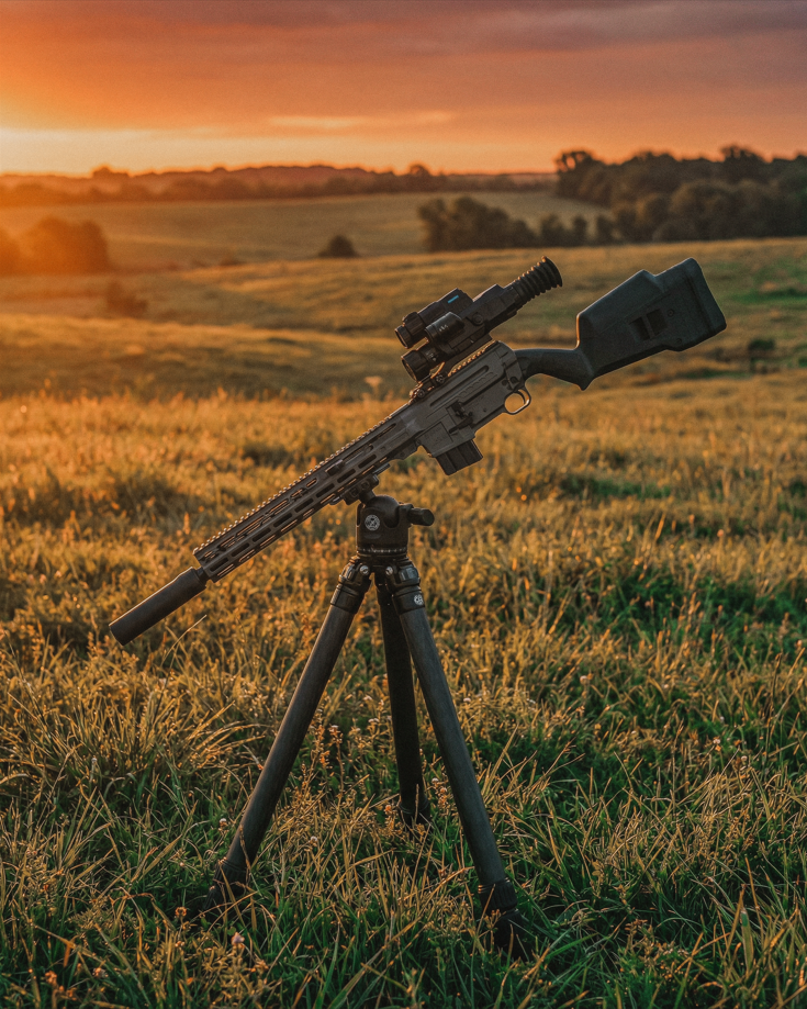 A sniper rifle mounted on a tripod in a grassy field during sunset.