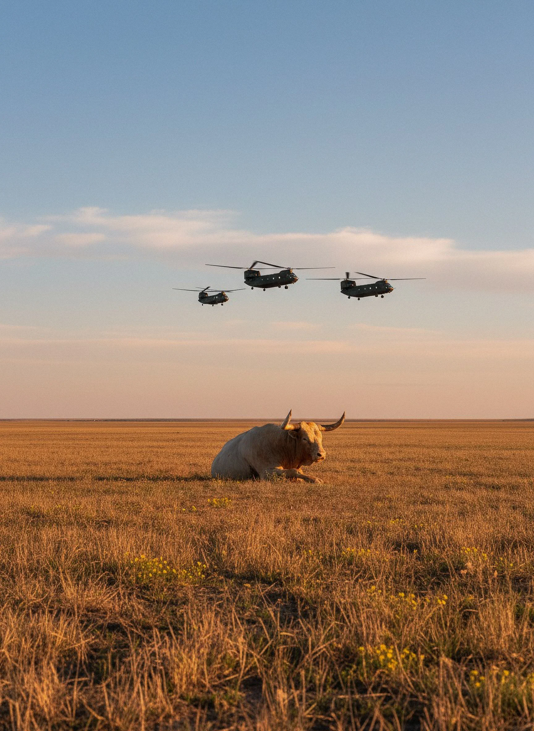 Three military helicopters flying above a grassy plain with a resting cow in the foreground, under a partly cloudy sky.