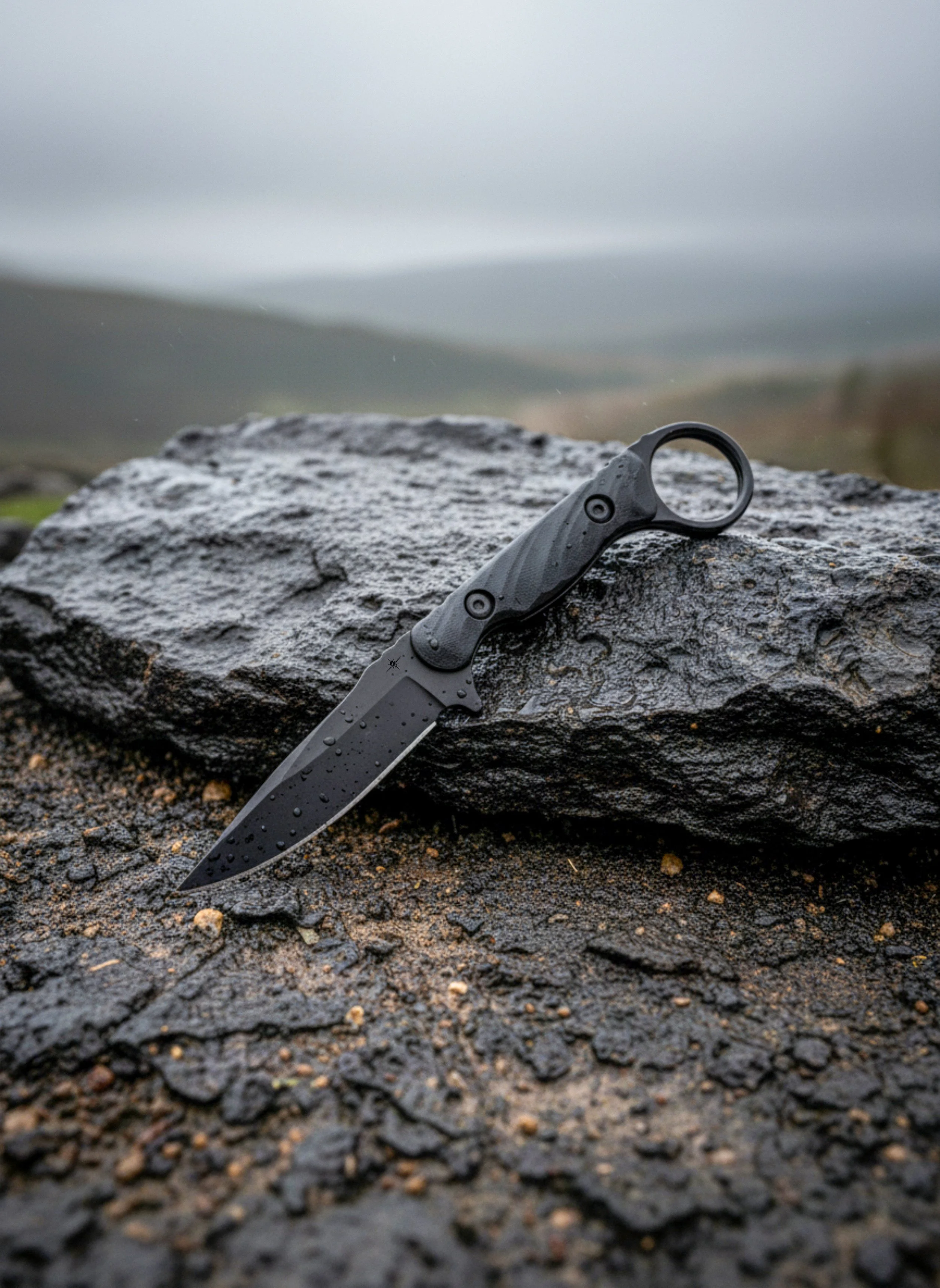 A black knife with a textured handle leaning against a wet rock in an outdoor setting with a blurred landscape in the background.