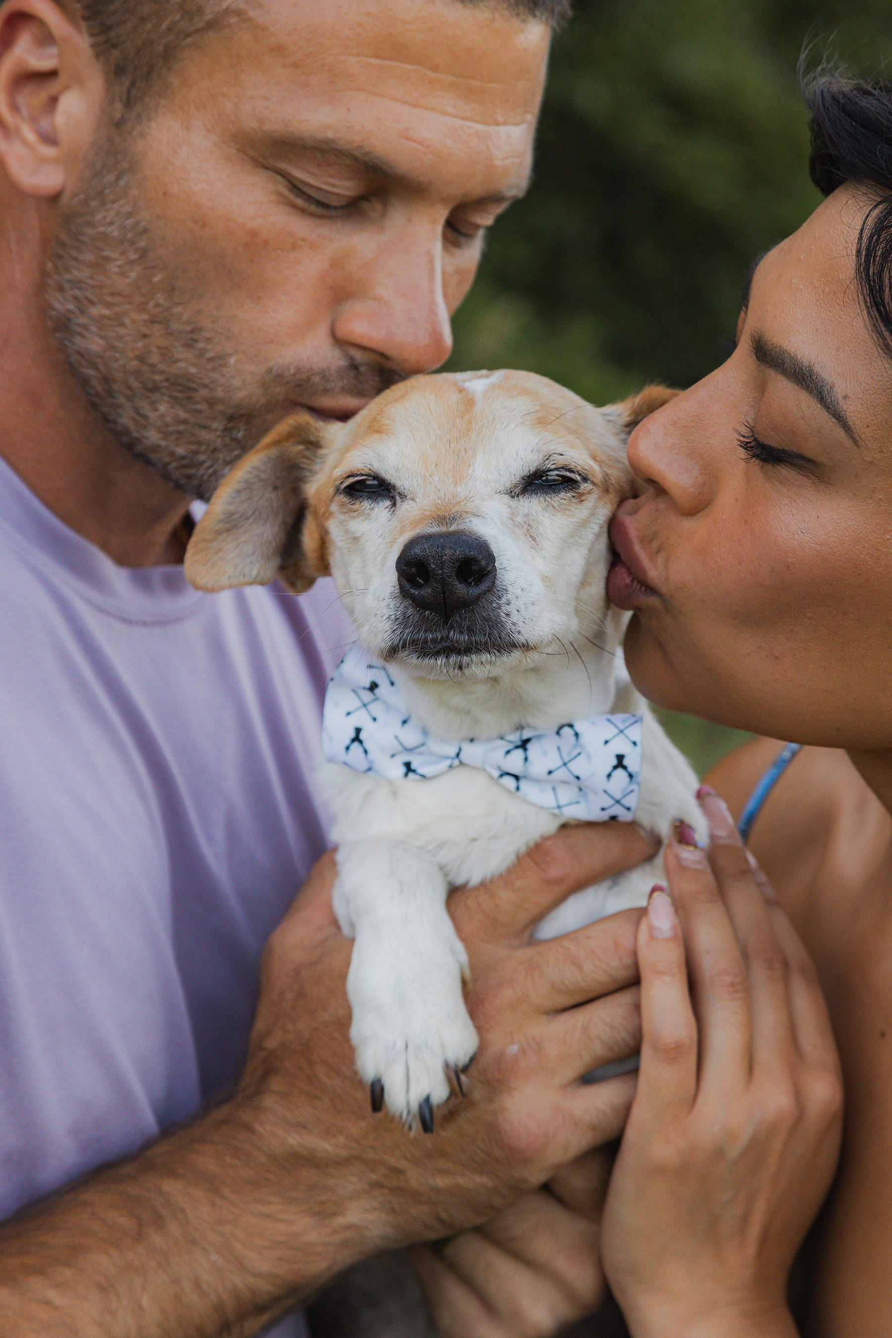 A man, woman, and a small dog with closed eyes being kissed.