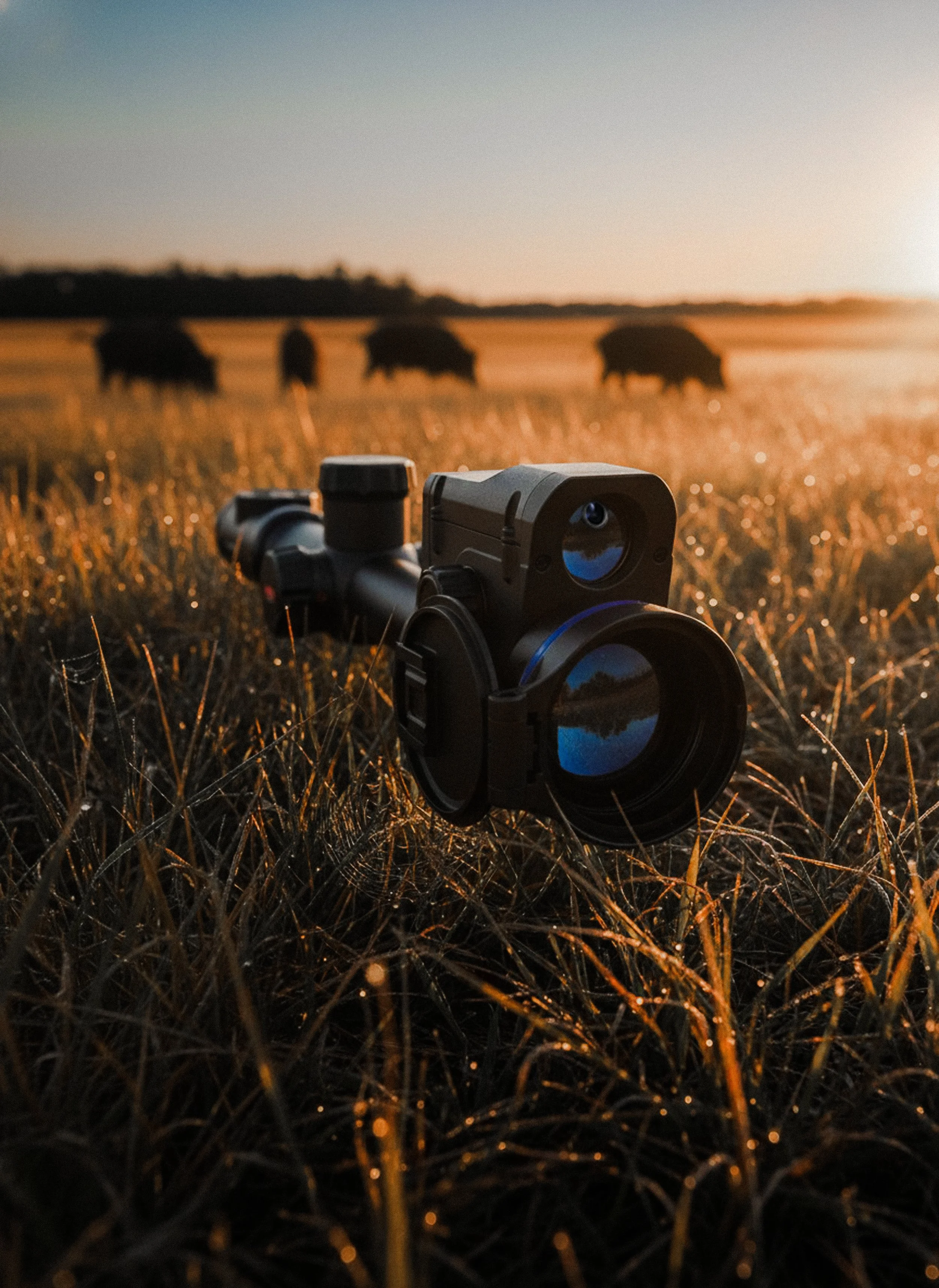 A spotting scope placed on the grass at sunset, with bison grazing in the background.