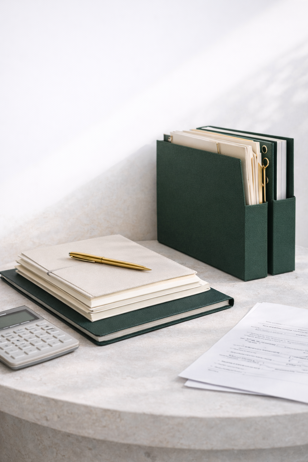 A desk with a calculator, stacked notebooks, a gold pen, and a green desk organizer with folders and papers.