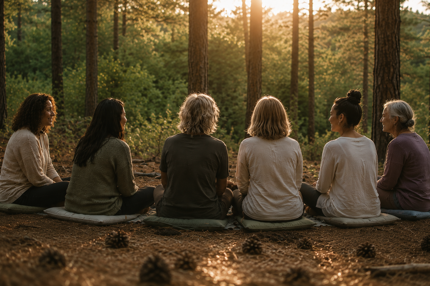 Six women sitting on blankets in a circle in a wooded forest at sunset.