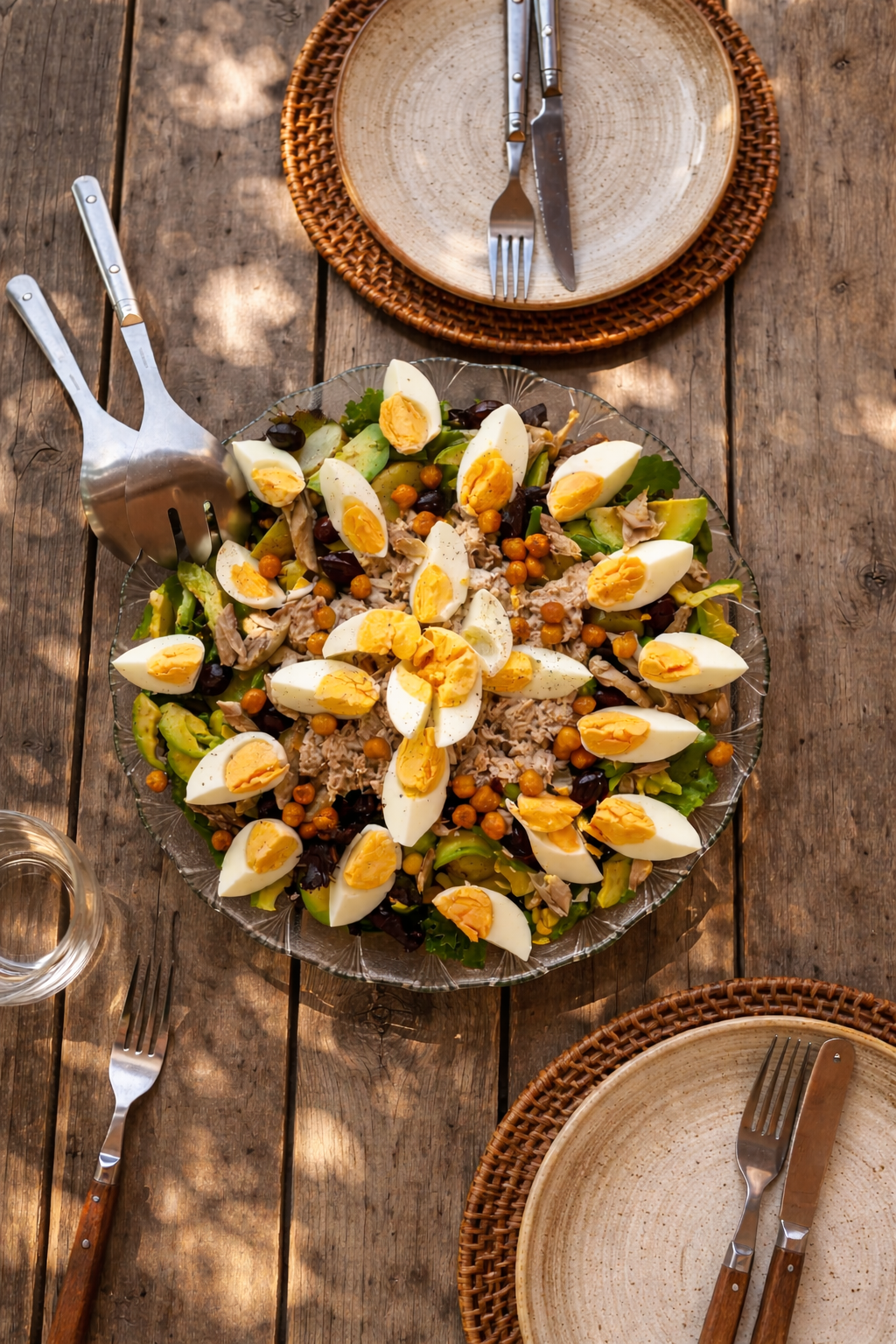 A large glass serving dish with a colorful salad topped with halved boiled eggs, chickpeas, tuna, and mixed greens on a rustic wooden table. There are empty plates, forks, and knives set around the table.