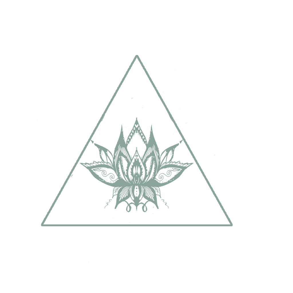A geometric triangle with a detailed, symmetrical moth and floral design inside, set against a starry background. Lotus rising