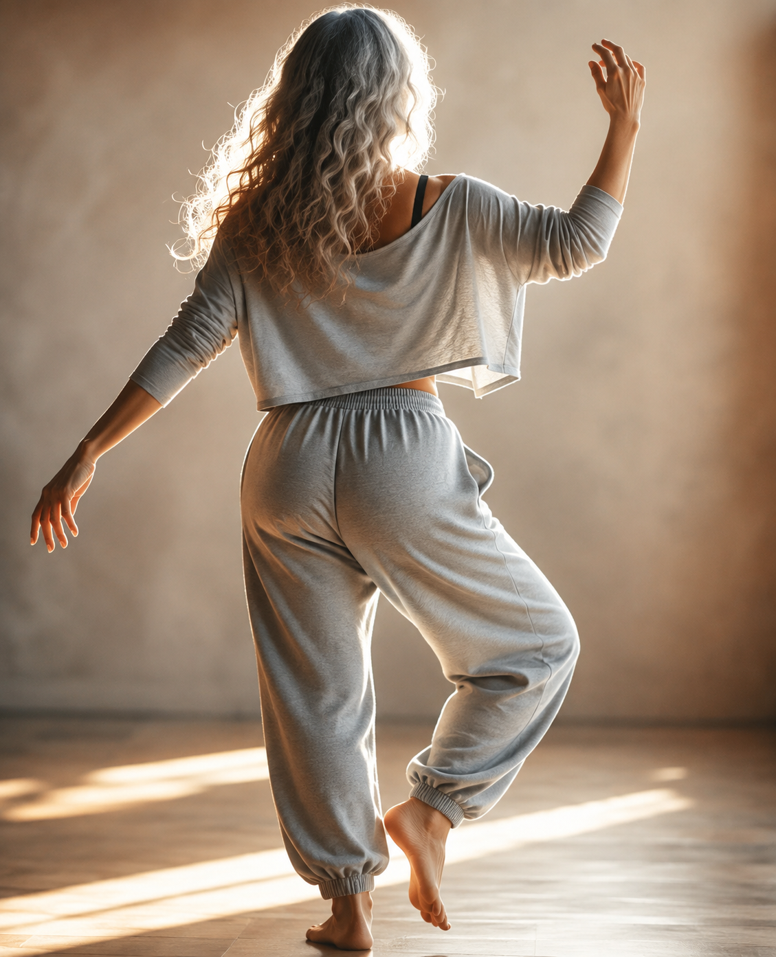 A woman with curly hair dancing barefoot in a sunlit room, wearing gray athleisure clothes.