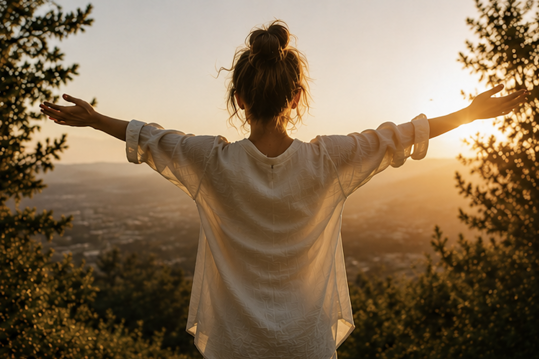 Woman with arms outstretched, facing the sunset on a hillside, surrounded by trees.