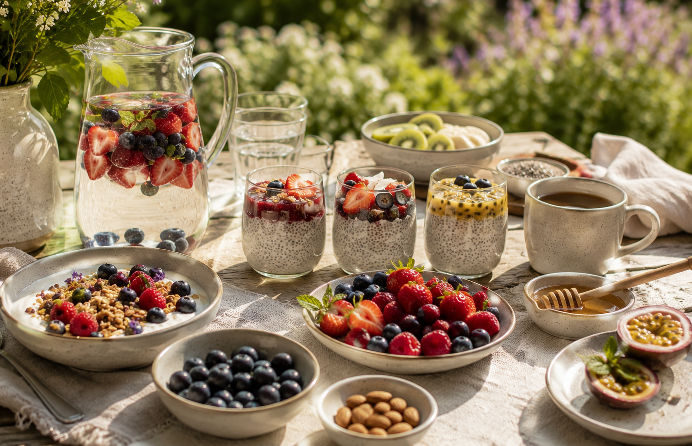 A table set outdoors with bowls of fresh berries, chia seed pudding topped with fruit, a pitcher of berry-infused water, a cup of coffee, cut passion fruit, and various bowls of fruit and toppings.