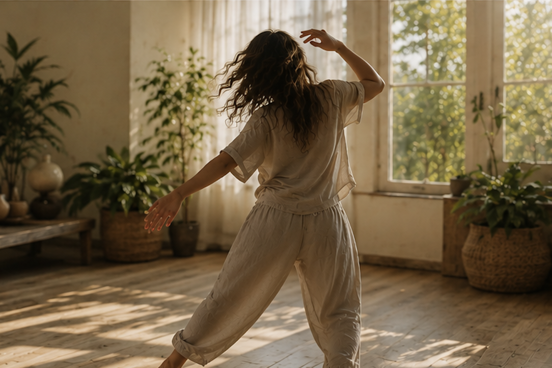 Woman dancing barefoot in a sunlit room with large windows and potted plants.