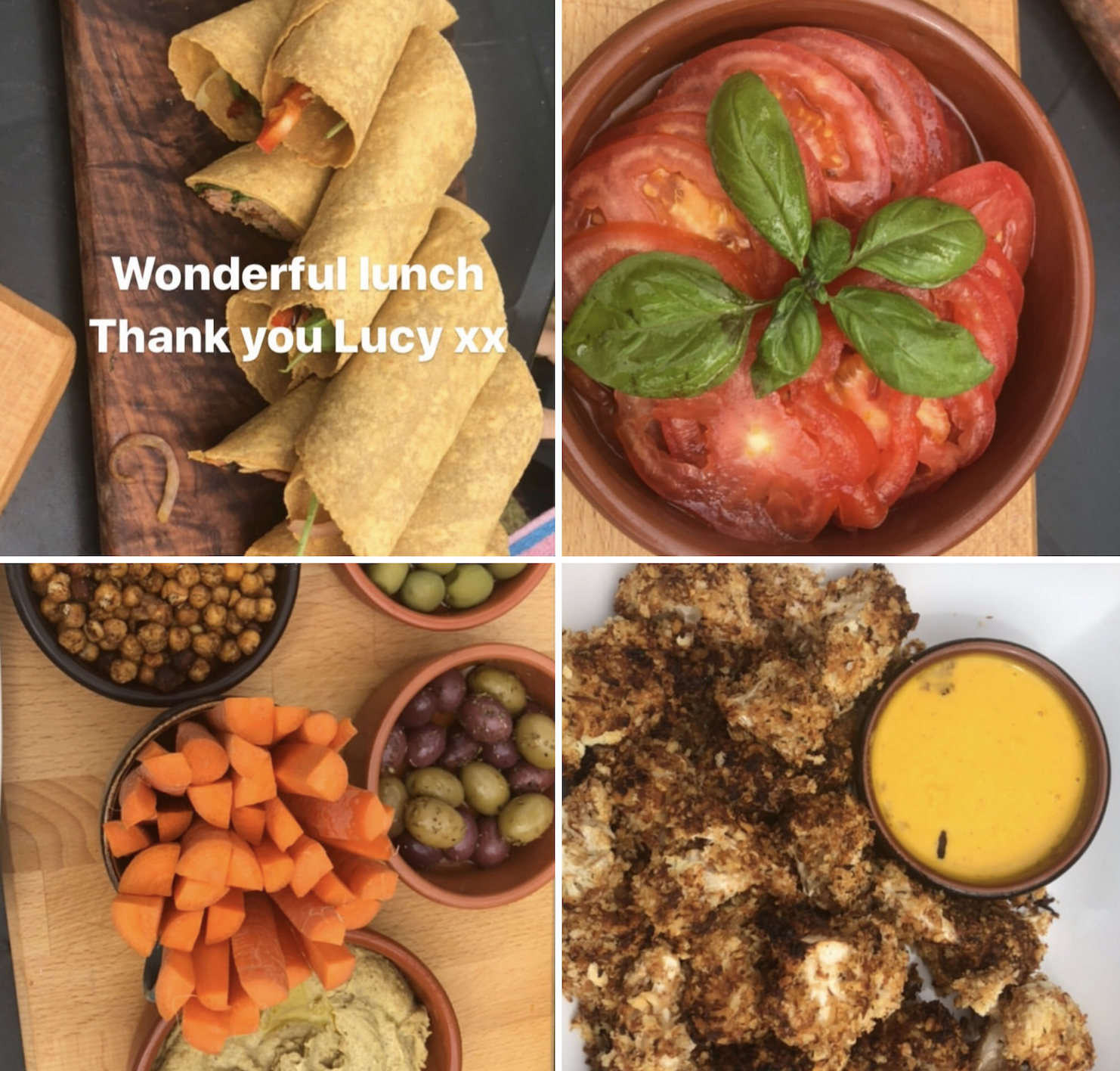 Assorted dishes including spring rolls, sliced tomatoes with basil, mixed olives and carrots, fried chicken with dipping sauce, and chickpeas, displayed on wooden and ceramic plates.