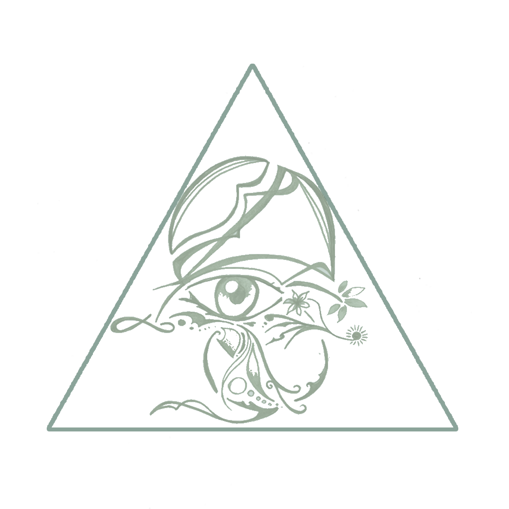 A triangular design featuring a stylized face with an eye, a bird, and floral elements on a black background with scattered white dots resembling stars.