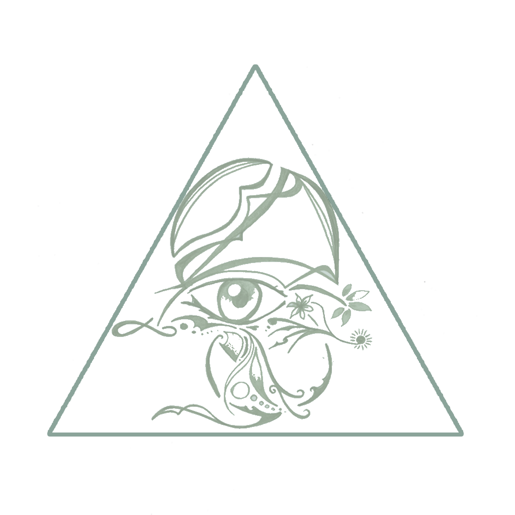Abstract illustration of a triangle with a moon, an eye, a flower, and a face, set against a starry background.