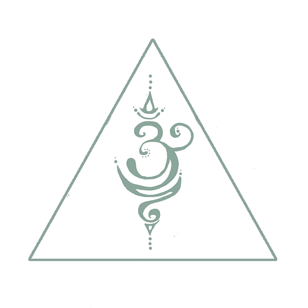Stylized symbol of the 'Om' sacred sound and spiritual icon, enclosed within an upward-pointing triangle with decorative elements at the top and bottom, on a black background with small white specks resembling stars.