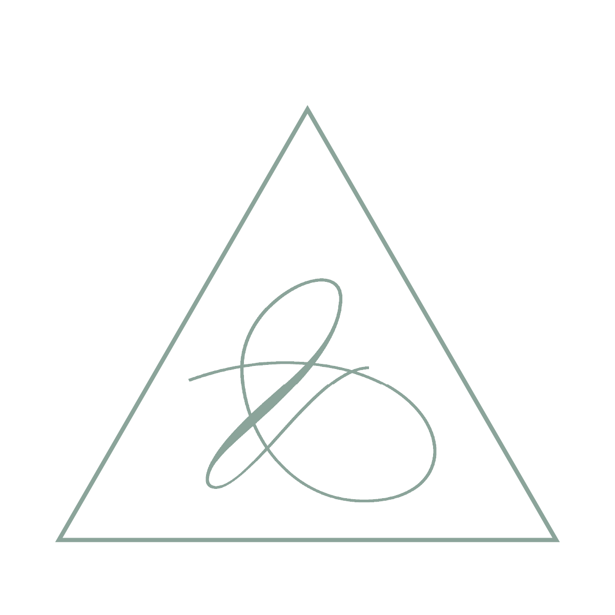 An abstract geometric design with a large triangle containing an intricate looping white line in the center, on a black background.