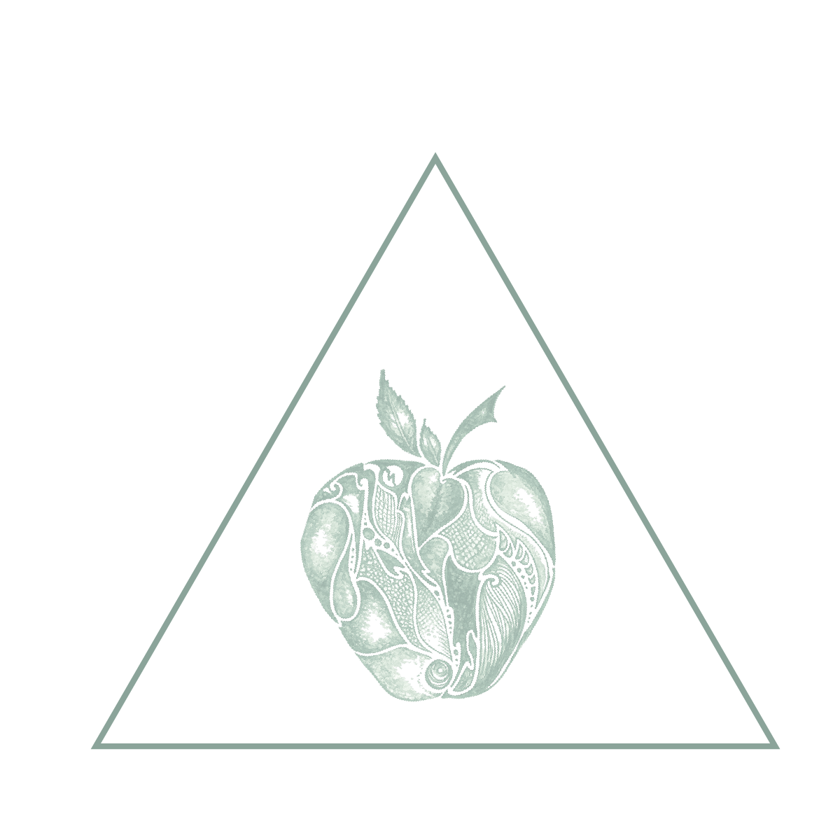 Artistic drawing of an apple with black and green abstract designs inside, encased within a triangle with a simple outline.