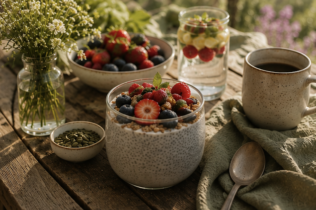 A breakfast scene with a bowl of yogurt topped with strawberries, blueberries, raspberries, nuts, and a mint leaf, a bowl of mixed berries, a mason jar of fruit salad, a cup of black coffee, a small bowl of pumpkin seeds, a wooden spoon, and a vase of yellow and white flowers on a rustic wooden table outdoors.