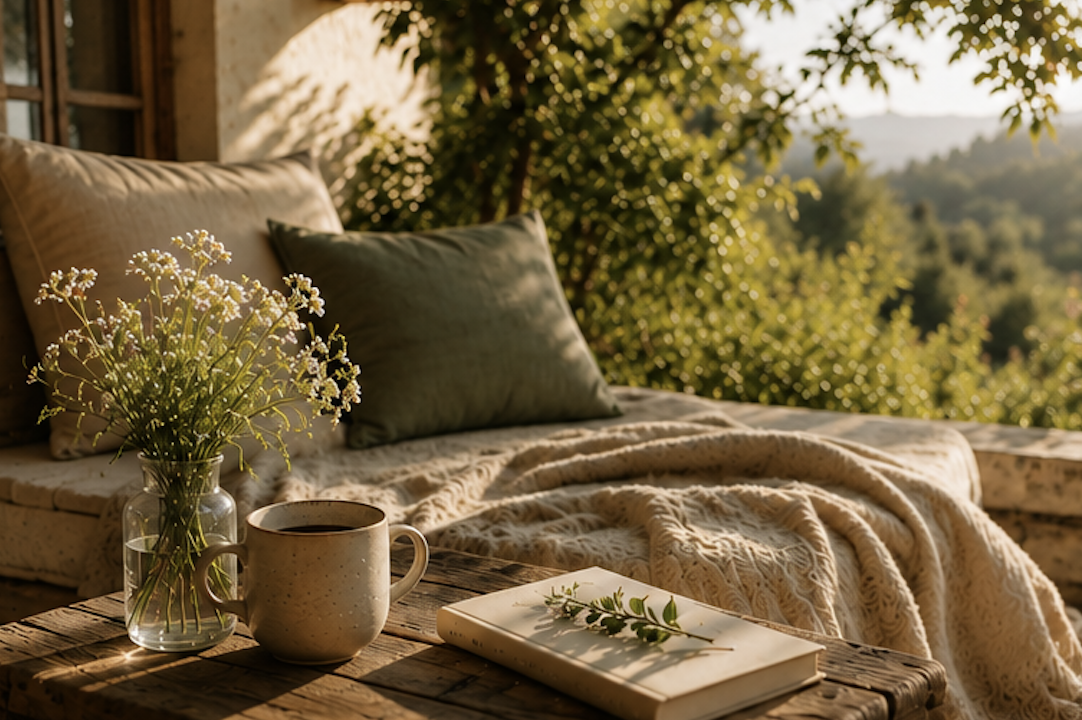Outside porch with a cozy seating area overlooking trees, a blanket, a book, a cup of coffee or tea, and a small vase with white wildflowers on a rustic wooden table.