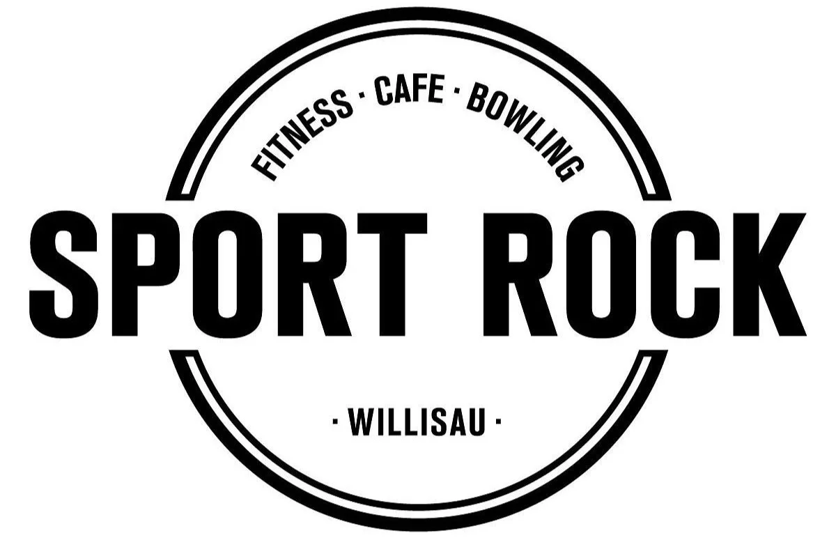 Logo mit dem Text 'Sport Rock', umgeben von Kreisbemerkungen wie 'Fitness', 'Café', 'Bowling'; Standort ist Willisau.